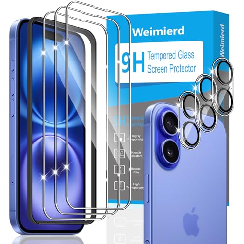 Weimierd Protector de Pantalla para iPhone 16 Kit de Instalación Incluido, 3 Piezas Vidrio Templado y 3 Piezas Protector de Lente Cámara, 9H Dureza Cristal Templado Protección