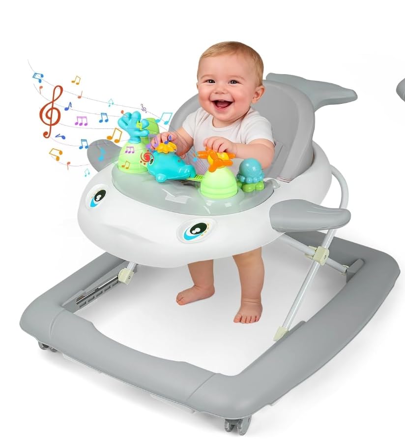 Baby Walker with Wheels, Foldable Baby Walker, Activity Walker for Baby Boy and Girl 6-18 Months, 3 Adjustable Heights, Gray