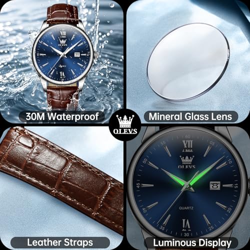 Image of OLEVS Men Leather Watches Classic Quartz Large Dial Easy Read Waterproof