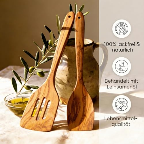 GOLDENBERG® Premium Pfannenwender - Made in Europe - feinstes Olivenholz aus Italien - robust, langlebig & antibakteriell - Holzschaber - Pfannenwender Holz 2