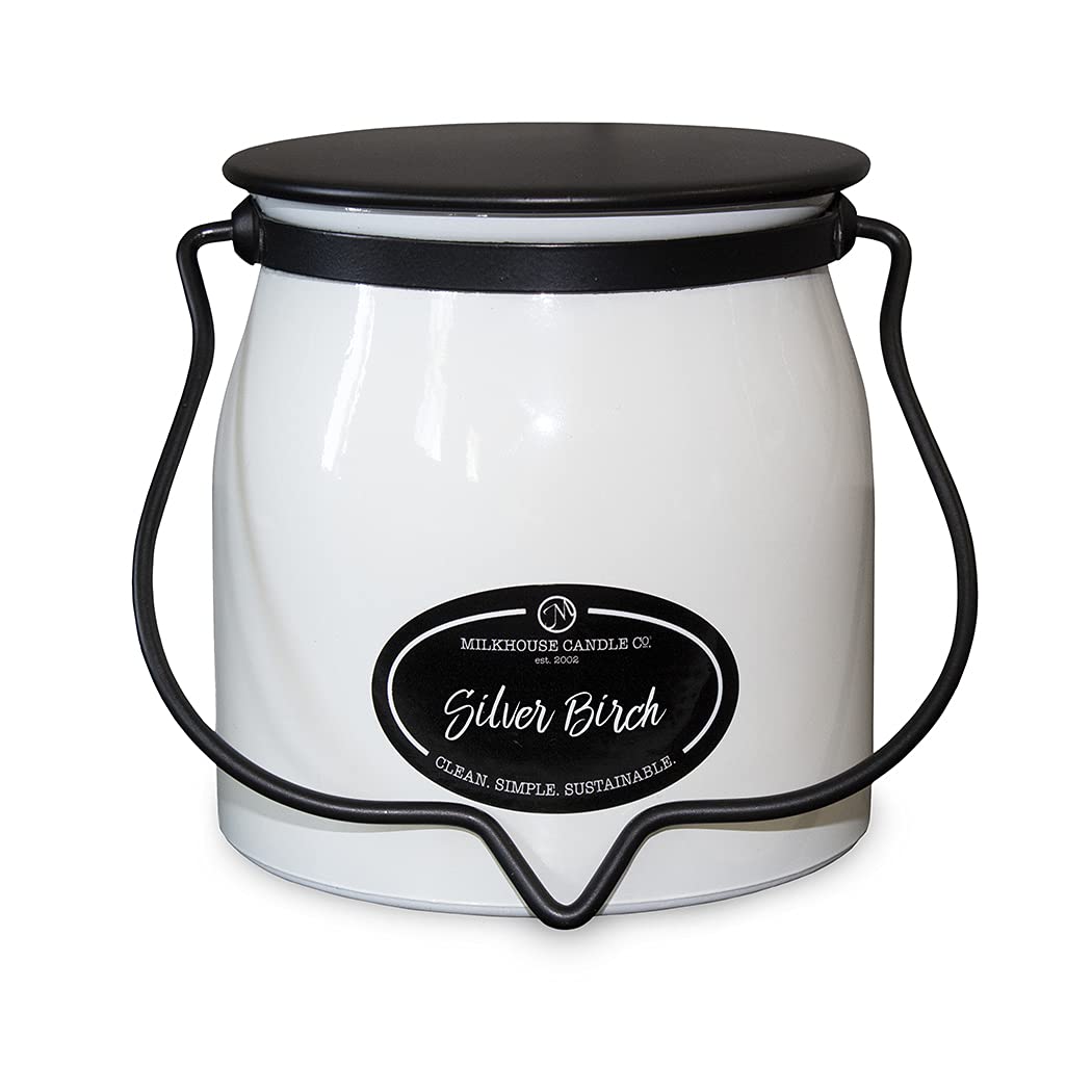 Milkhouse Candle Company Silver Birch Soy Candle - Evergreen | Birch | Warm Spice Scented - 16 oz Butter Jar with Lid, 65+ Hour Burn Time, Made in the USA
