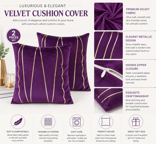 Image of Amazon Brand - Umi Gold Leather Striped Pack of 2 Throw Pillow Covers Velvet Decorative Cushion Covers Cases for Sofa Bedroom Livingroom Car 24 x 24 in Purple Color
