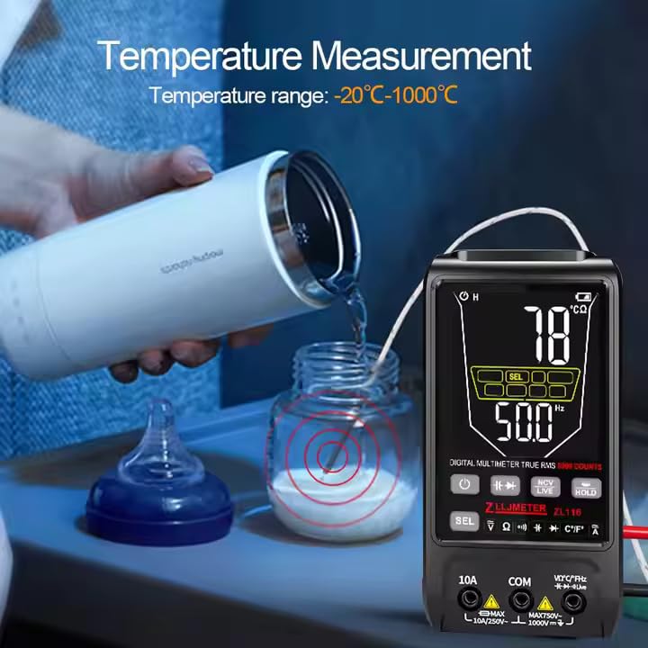 ZLLJMETER ZL116 Digital Multimeter measuring capacitance on a circuit board