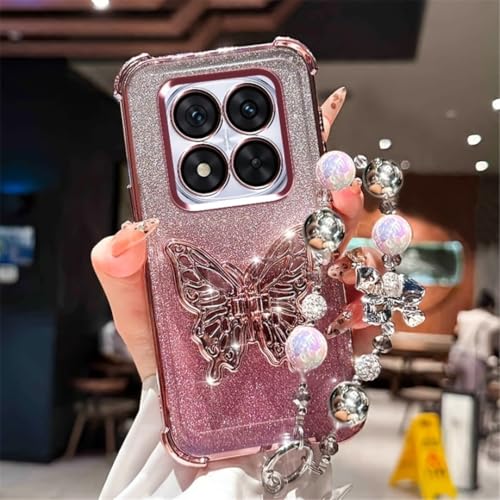Coque iPhone 17 Pro transparente pailletée bague papillon et dragonne