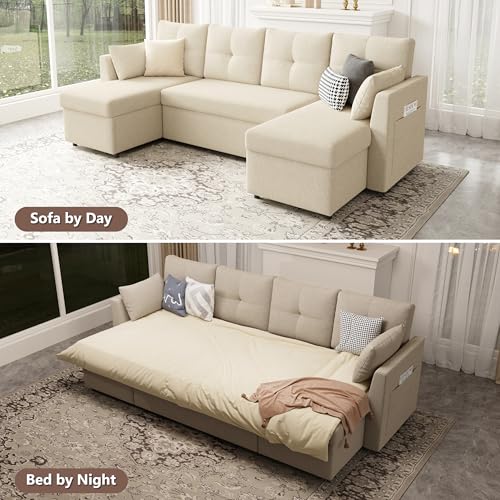 Image of Huatean Home Oversized Sleeper Couch Sofa, Sectional Sleeper Sofa Bed with Side Pocket for Living Room, 110 inch 2 in 1 Pull Out Couch with Double Storage Chaise, Beige