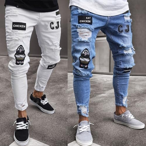 Jeans Pants Trouser Denim Ripped Street Trendy Elastic Washed Tight Personality Mid Waist Small Leg for Men4