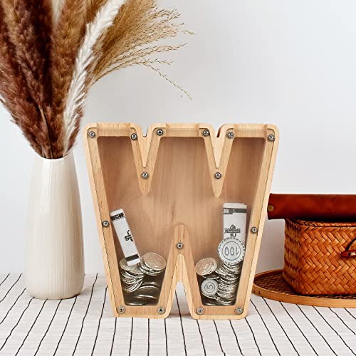 Image of CDUHB Large Personalized Wooden Letter Piggy Bank Alphabet Letter Decorative Sign Coin Bank Perfect Decor,Unique Gift, Keepsake, or Savings Money Box for Kids with Sticker for DIY (W)
