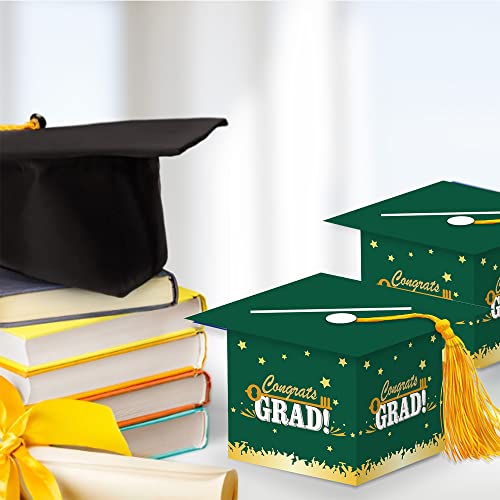 Image of 2026 Graduation Party Card Box, Green Gold Congrats Cap Card Holder Box with Tassel for 2026 Graduation Party Decoration