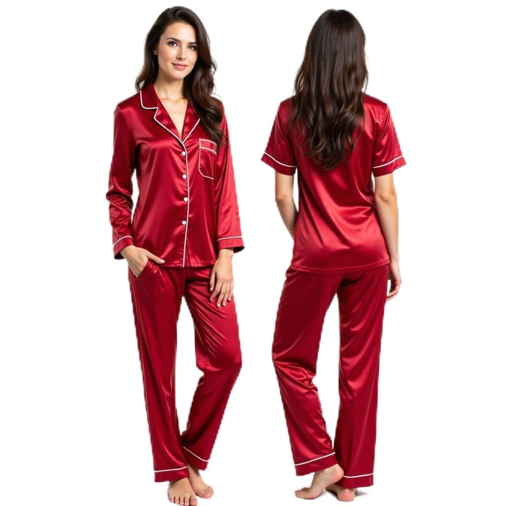 7daysilk Elegant Red Silk Pajama Set – Flowy Fit for Restful Nights-picture-38