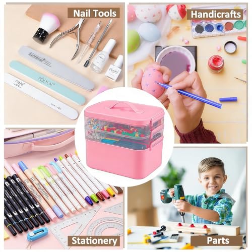 Image of Gifhomfix 3-Layer Plastic Craft Organizers and Storage Box with Removable Trays, Storage Containers with lids and Handle, Art Supply Storage Organizer for Bead, Ornament, Nail Polish, Tape(Pink)