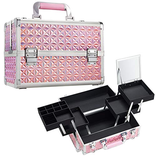 Frenessa 13 inch Large Makeup Train Case Jewelry Cosmetic Storage Box Extra Large Capacity Tier Trays with Jewelry Tray Mirror Lockable Keys Big Bottom Jewelry Storage Cosmetic Case Organizer for Women - Pink