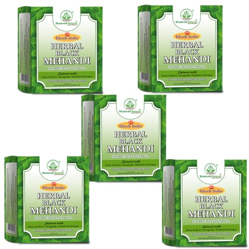 Image of Khadi Organic and Natural Black Mehandi for Hair By Bhudevam Naturals | Chemical-Free Henna Powder for Stunning Black Hair- Pack of 5