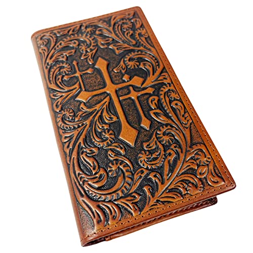 Urbalabs Western Cowboy Leather Long Wallets for Men Checkbook Tooled Wallet Tri Cross Bifold Long Cowboys Billfold Hand Stitched Rodeo RFID Blocking Mens Long Wallet Rodeo Style Cowboy Up (Brown)