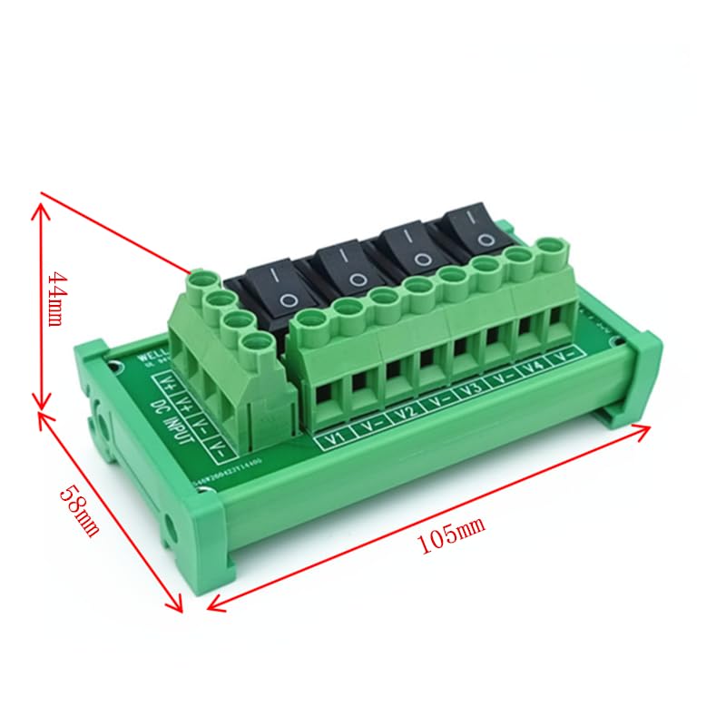 DIN Rail Mount 4 Channel Black Rocker Switch DC Power Distribution Strip Module.
