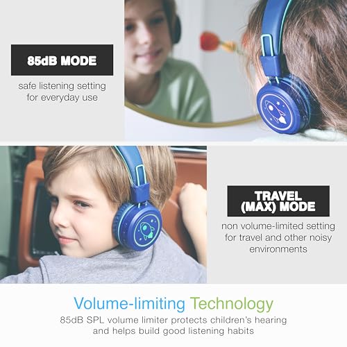 Image of MEE audio KidJamz KJ55BT Personalized Bluetooth Wireless Safe Listening Headphones for Kids w /Custom LED-Backlit Design, Volume Limiter, Microphone; Kids Headset for School /iPhone /iPad /Tablet (Blue)