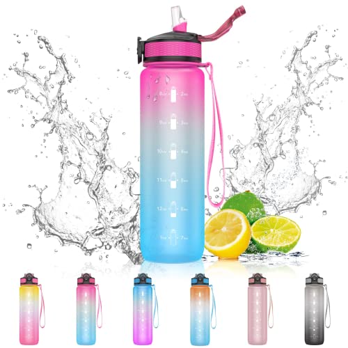 EYQ 32 oz Water Bottle with Time Marker, Carry Strap, Leak-Proof...