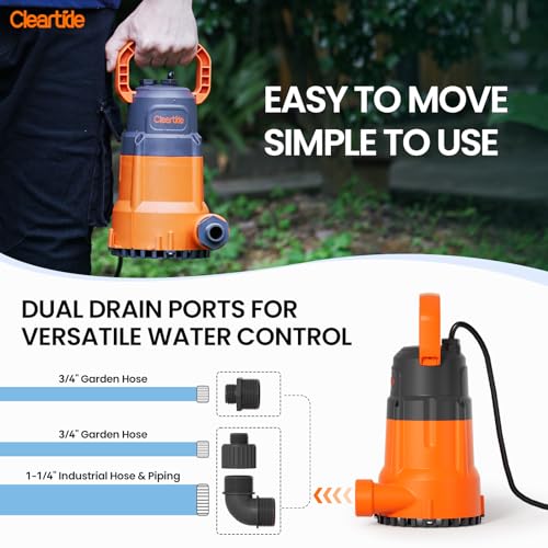 Image of Cleartide Submersible Utility Water Pump, 1 /3 HP 2790 GPH Portable Sump Pump with Copper Motor, Plug and Work for Pond, Garden Watering, Pool or Hot Tub Water Transfer