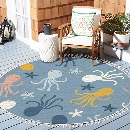 Ocean Area Rugs Childish Funny Octopuses Scandinavian Marine Animal Round Boho Area Rug Linen Carpet Playmat Washable Hallway Runner Mat For Nursery Kid Room Bedroom Decoration Children Gift 4Ft #TOP1