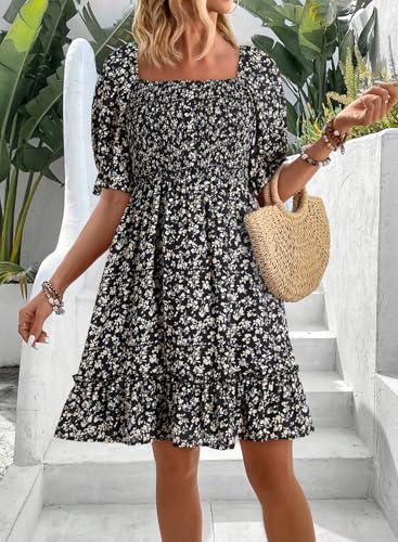 Image of Dokotoo Womens Casual Summer Dresses Short Sleeve Square Neck Smocked Boho Floral Sundress Flowy A-Line Mini Dress
