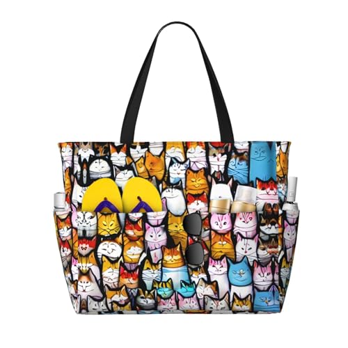Sac à bandoulière imperméable grand sac de voyage anti-sable imprimé chat fourre-tout noir