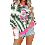 Camisetas de Navidad para mujer, diseño de Papá Noel y árbol de Navidad, a rayas, de manga larga, cuello redondo, divertidas, con gráficos, casuales, holgadas, para fiestas, 01 Rosa Hot, XL