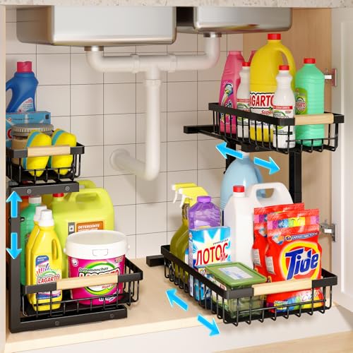 Image of REALINN Under Sink Organizer, 2 Pack Height Adjustable Under Sink Organizers and Storage, 2 Tier Pull Out Drawer Cabinet Storage for Kitchen Bathroom