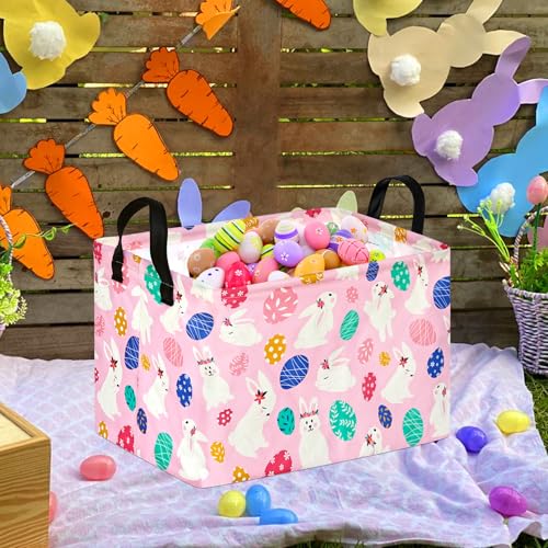 Image of Rectangle Gift Storage Basket Home Shelf Storage Basket Organizer Box Clothes Laundry Hamper Nursery Basket Laundry Basket with Handles (Pink White-Bunny)
