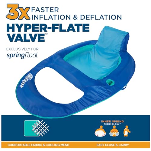Image of SwimWays Spring Float Recliner Chair for Swimming Pool, Inflatable Pool Floats Adult with Fast Inflation, Cup Holder & Foot Rest for Ages 15 & Up, Blue