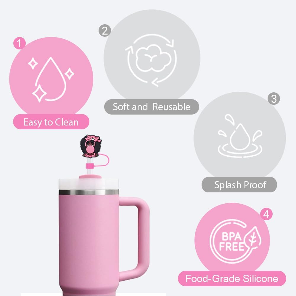 8Pcs Pink Black Girl Straw Covers Cap for Stanley Cup