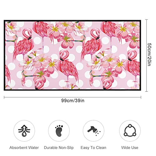 Summer Pink Flamingos Kitchen Rugs Flowers Pattern Bath Mat Non Skid Washable Standing Floor Mat Runner Carpet For Bathroom Home Office Farmhouse Hallway Sink Stove Laundry 39*20 Inch #TOP1