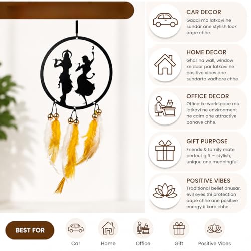 Image of Acrylic Dream Catcher Car Hanging Ornament with Purple and White Feathers - Rear View Mirror Decor for Cars, Spiritual Wall Hanging Decoration for Home, Office and Gift Use (RADHA-KRISHNA-001)
