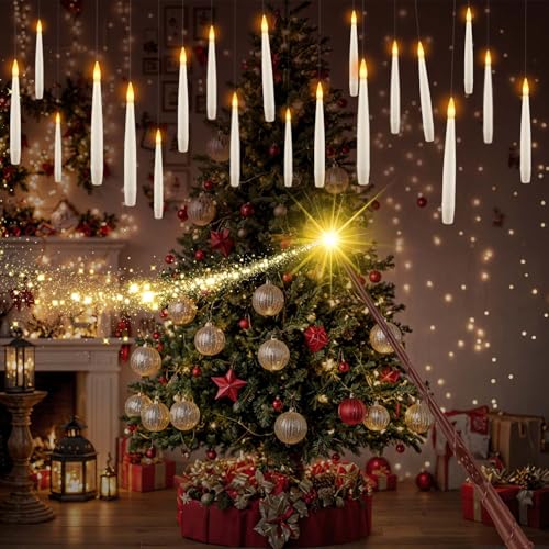 12 Pcs Remote Controlled Floating Magic Candles, Battery Operated Hanging Decor for Halloween Birthday Wedding Party, Includes Wand & Manual, Warm White Flickering LED for Spooky or Romantic Atmospher
