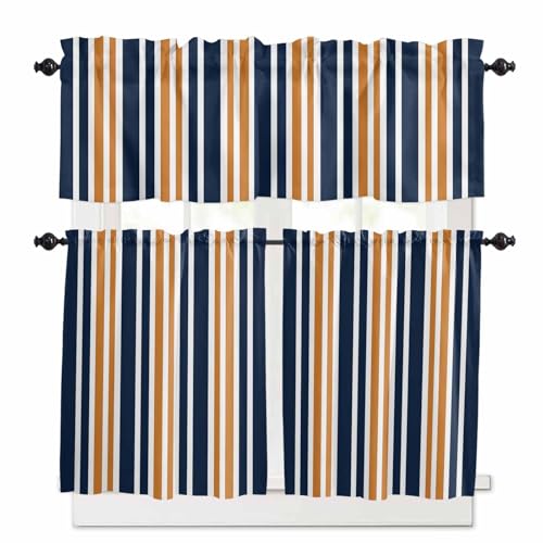 Orange Navy Blue Striped Kitchen Curtains 24 Inch Length,3 Piece Rod Pocket Small Half Tiers and Valance Set,Modern Minimalist Ombre Lines Small Large Window Treatment Decor for Bedroom/Bathroom Sink
