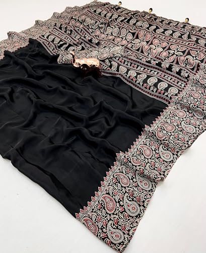 Image of SATIKA VASTRAM Modal Silk Ajrakh Saree Bandhani Design Crepe Printed Designer Pallu Attach Blouse Piece