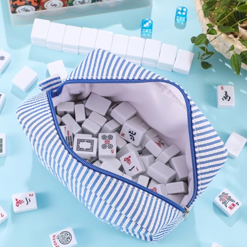 Sunnymove Empty Mahjong Bag Thickened American Mahjong Tiles Bag with Zipper Storage Pouch for Board Game Pieces Game Party Travel Gatherings Accessories, 10.4''x5.6'', Case Only (Tiles,Striped Blue) - image 5