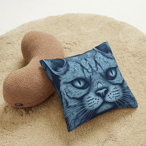 Housse de coussin chat bleu velours côtelé déco canapé 45x45