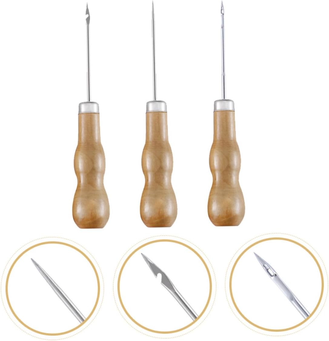 UTHCLO 3Pcs Sewing Tools with Wooden Handle Durable Awls for Repair and Shoe Crafting Lightweight and Sturdy for Projects