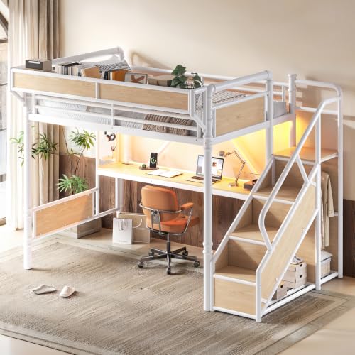 Image of Bellemave Full loft Bed with Storage Stairs, Wardrobe, Shelves, Metal Full Loft Bed Frame for Adults, Kids, Teens, White+Natural Wood with Stairs