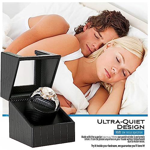 Image of Single Watch Winder for Automatic Watches, Super Quiet, in Wood Shell and Black Leather /Carbon Fiber Leather, Japanese Motor