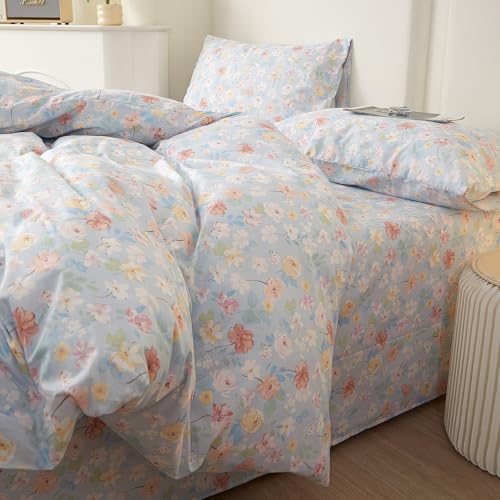 Image of LifeTB Vintage Blue Floral Full Size Comforter Set Cottagecore Bedding Set | Aesthetic Floral Botanical Flowers Comforter for All Season Soft Lightweight Bedding Comforter with 2 Pillowcases