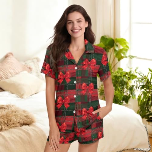 Image of Renewold Button Down Womens Pajama Set Short Sleeve Loungewear Bow Nightwear Sleepwear Night Suit Tops Shorts 2 Pieces