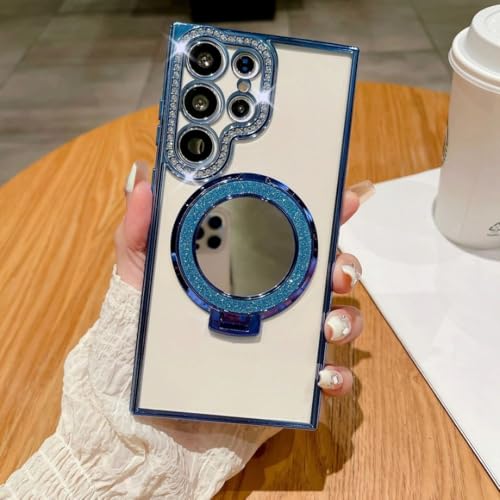 Coque Samsung S24 Plus pailletée effet miroir avec strass et support chic en bleu
