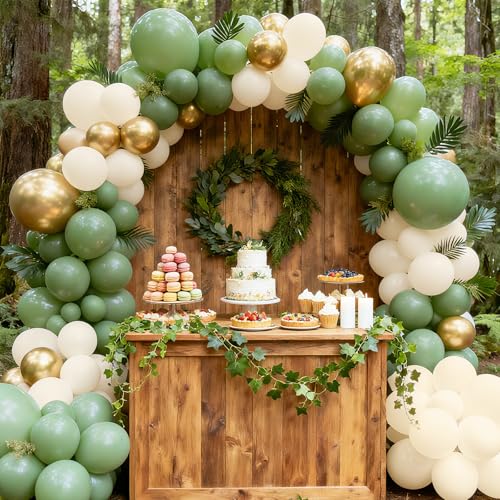 Image of RUBFAC Sage Green Balloons, 65 Pcs Party Balloons Green Gold Sand White 12 Inches for Tiana Birthday, Wedding, Baby Shower, Eucalyptus Party Decorations