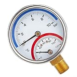Doppel-Manometer, 10 bar, 120 °C, Radial-Thermometer für Fußbodenheizung, Krümmer, Kesselsystem mit Messinganschluss, 4/8 Zoll (1/8 Zoll)