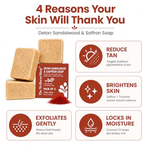 Image of The Wellness Shop Sandalwood Saffron Detan Soap | Dark Spot, Tan Removal Skin Brightening, Exfoliating Soap | Chandan Kesar Handmade Bathing Bar | Paraben Free | Face Body Soap for Men Women| Pack of 3