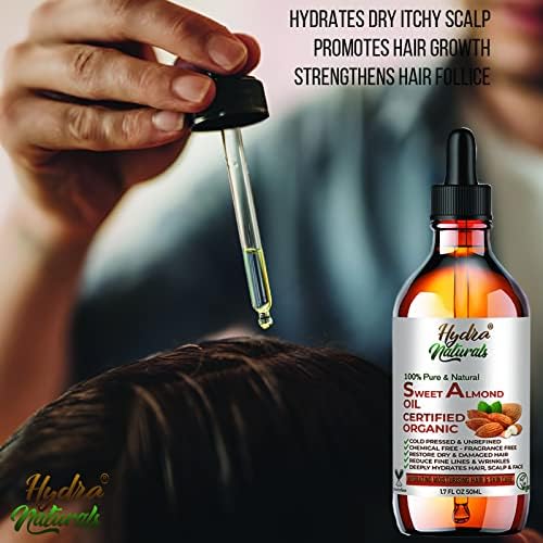 Sweet Almond Oil 100% Organic Pure & Natural For Skin, Hair, Massage, Nails, Cuticles, Ears, Face, Body, Stretch Marks, Fast Absorbing Aromatherapy Anti Ageing 50ml