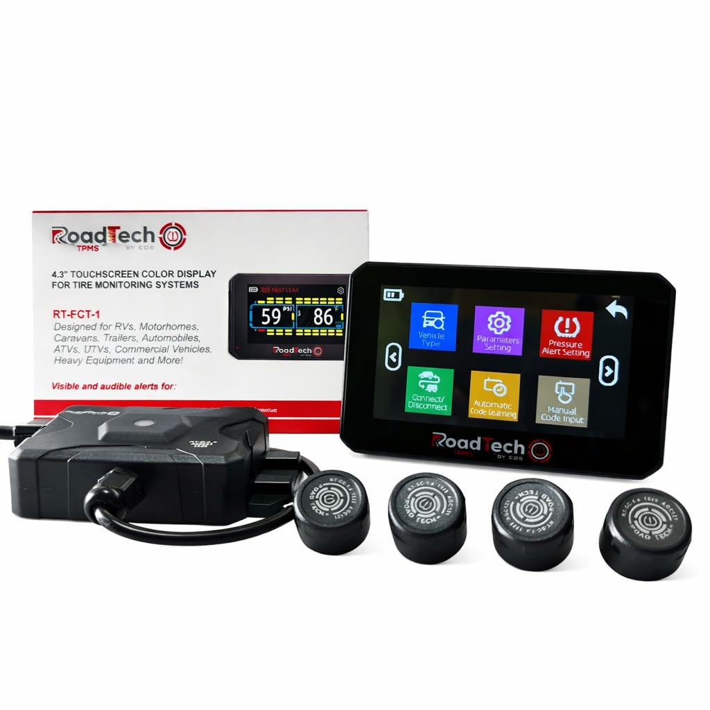 RoadTech TPMS Kit 4 Cap Sensors - Tire Pressure Monitoring System for RVs, Trailers & Tow Vehicles, Real-Time Pressure & Temperature Alerts, Easy
