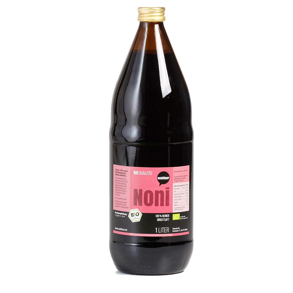 6 bottiglie da 1 l di succo di frutta fresca Noni in qualità biologica, succo 100% direttamente in bottiglia di vetro