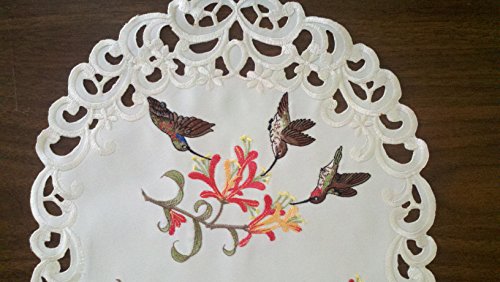 Doily Boutique Table Runner Embroidered With Hummingbirds On Ivory Fabric, Size 44 X 15 Inches #TOP2