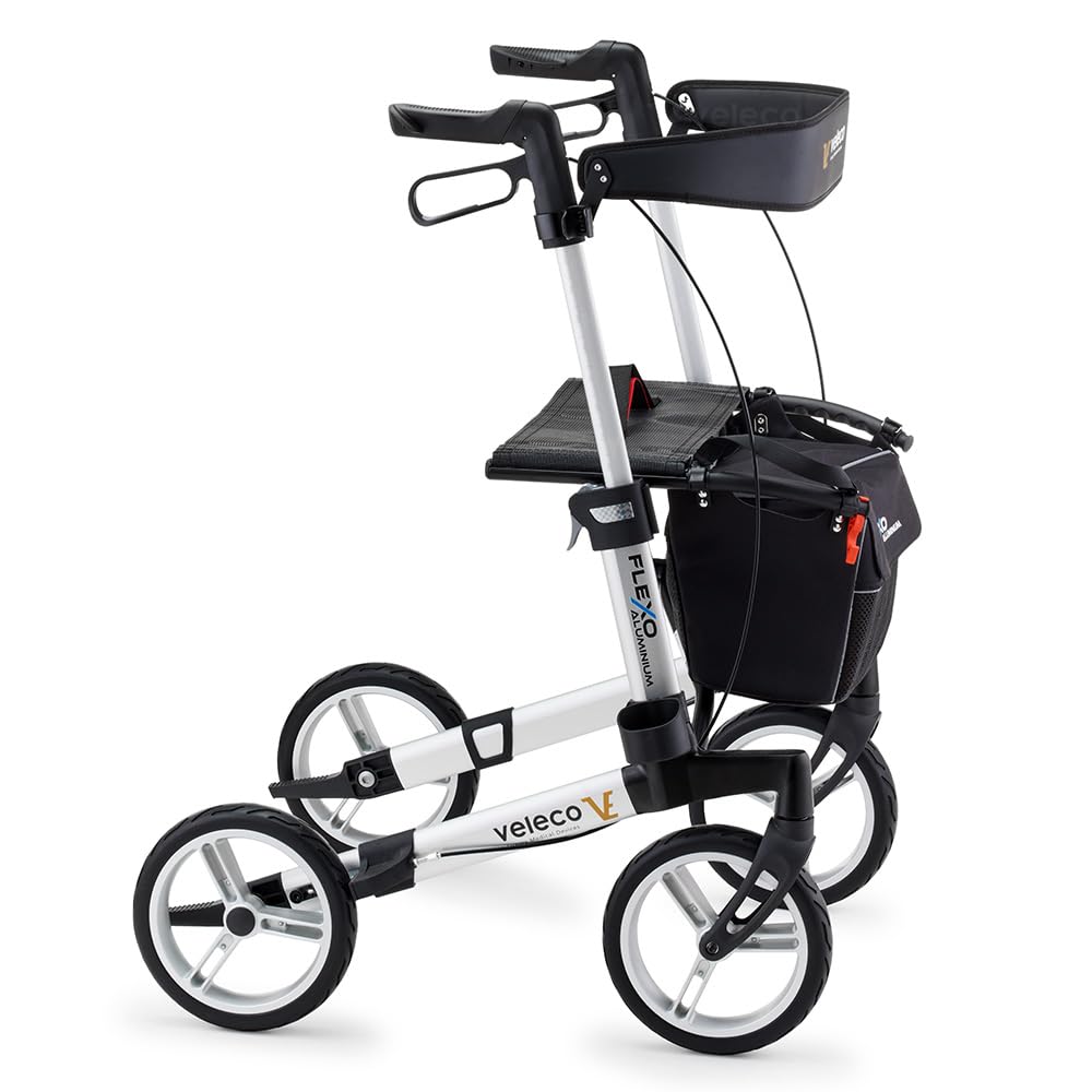 Andador plegable de aluminio Veleco Flexo de 4 ruedas, resistente y ligero, Rollator (Plata)